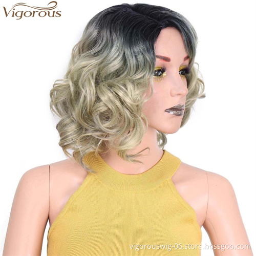 Vigorous Dropshipping Short Curly Wavy Wig Ombre Blonde Bob Part Side Synthetic Wigs For Women Heat Resistant Fiber